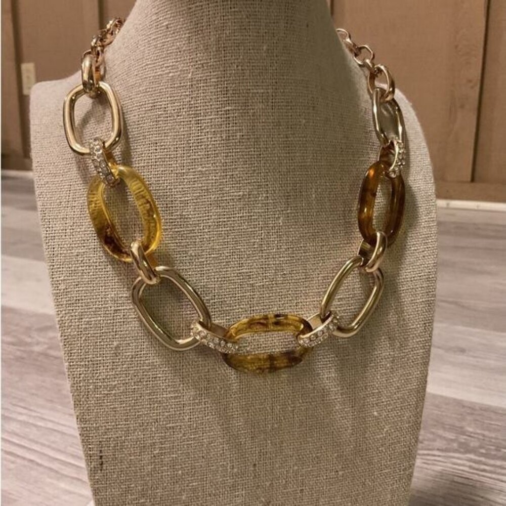 Mixed Gold Chunky Tortoise Shell Rhinestone Link Necklace